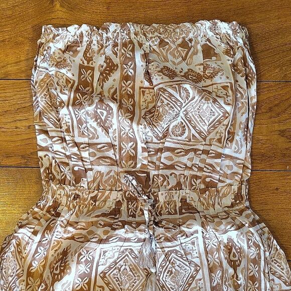 Salty Lemon Brown White Geometric Print Strapless Maxi Tiered Dress Large NWT - Picture 3 of 16